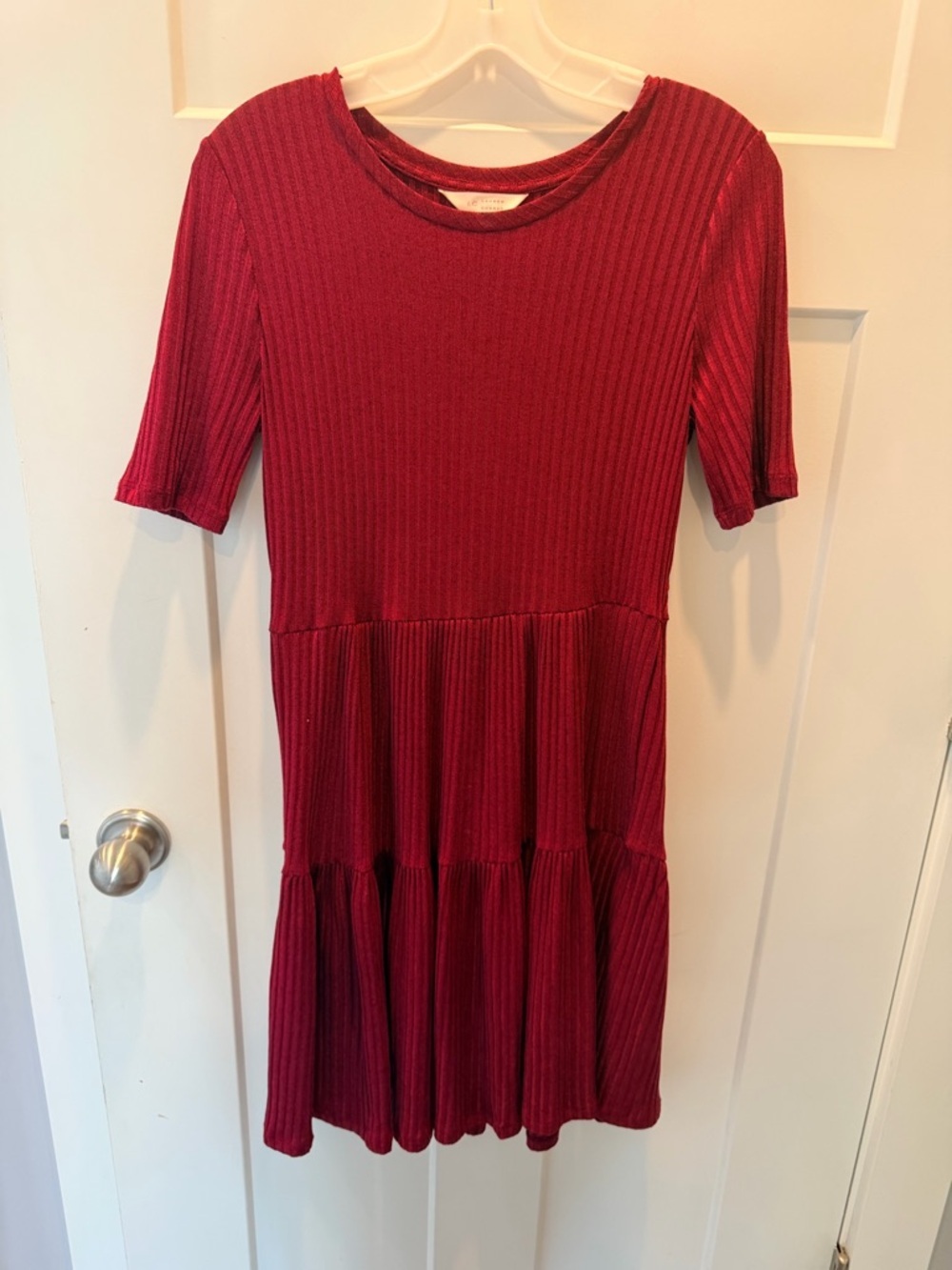 LC Lauren Conrad Red Ribbed Tiered Dress Short Sleeve Fit & Flare Small